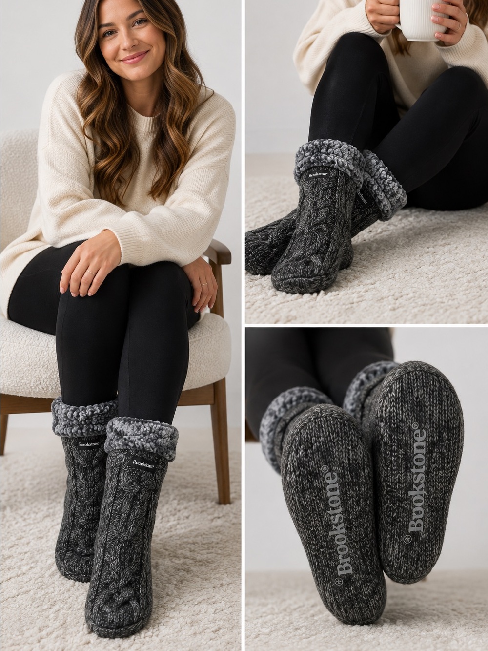 Brookstone Charcoal Cable Knit Sherpa Lined Slipper Socks Cozy Booties Chunky